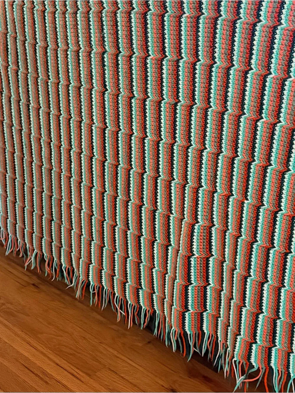 70s Vintage Handmade Crochet Flame Stitch Chevron Afghan Throw Blanket Fringe